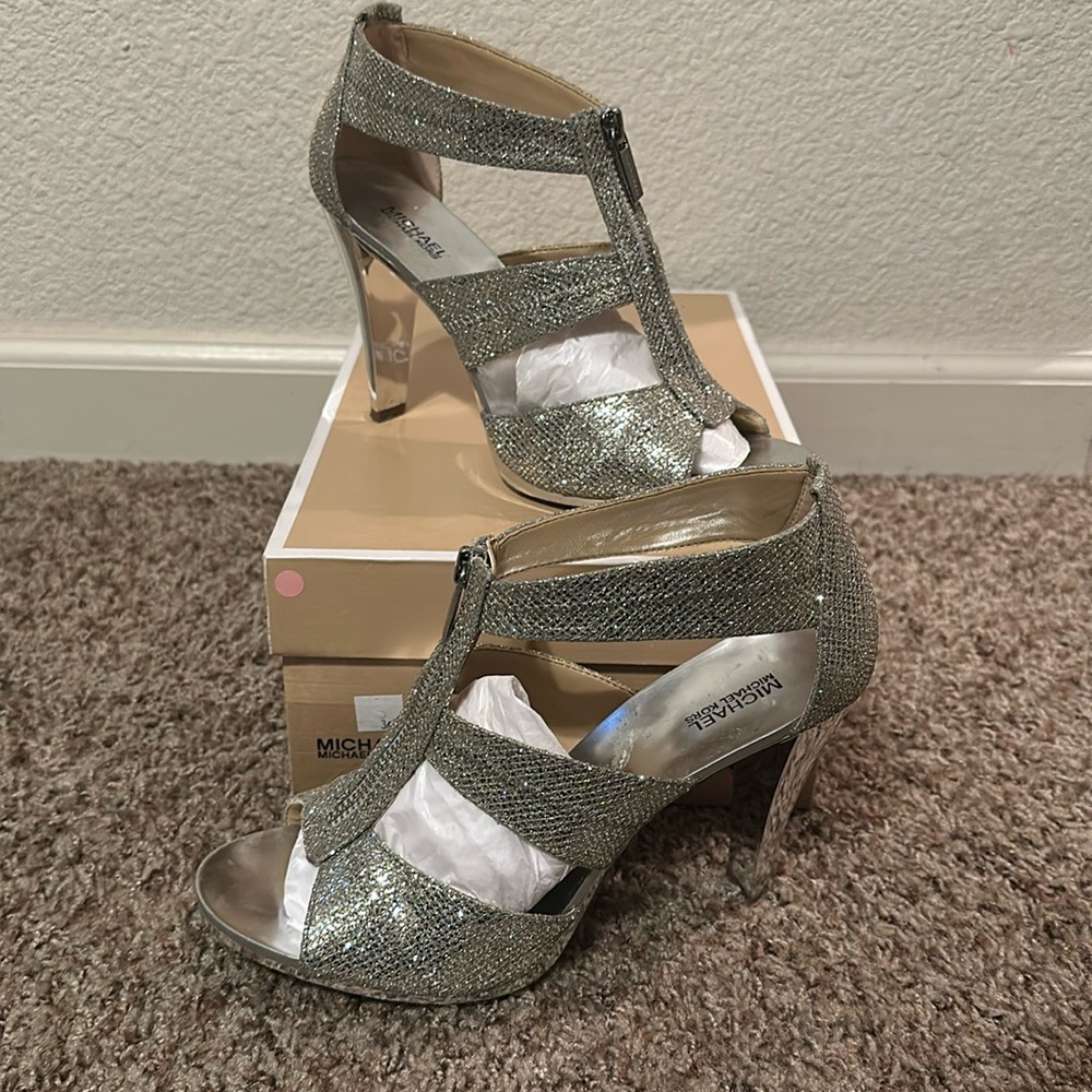 MICHAEL Michael Kors Silver Glitter Strappy High Heel Sandals